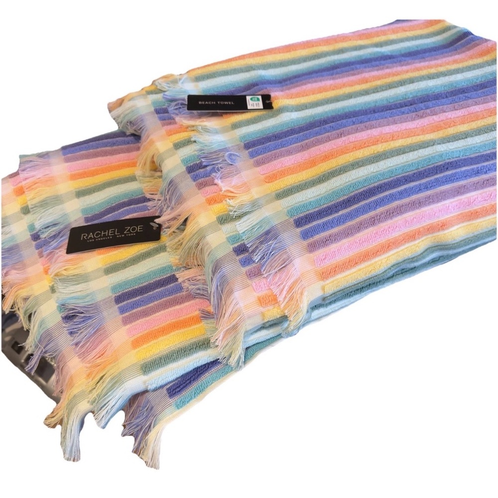 2 Rachel Zoe Striped Rainbow Multicolored  40" x 70" Beach Towels Set 2 New